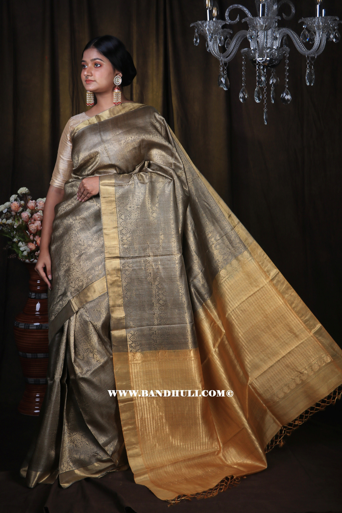 Golden Moss color Jala Weaving Tussar Saree 